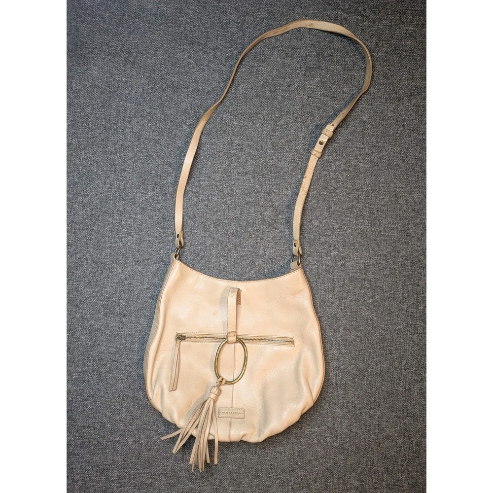 Lucky Brand Leather Fringe Hobo Hand Bag Pebbeled Purse Camel Beige Women's
